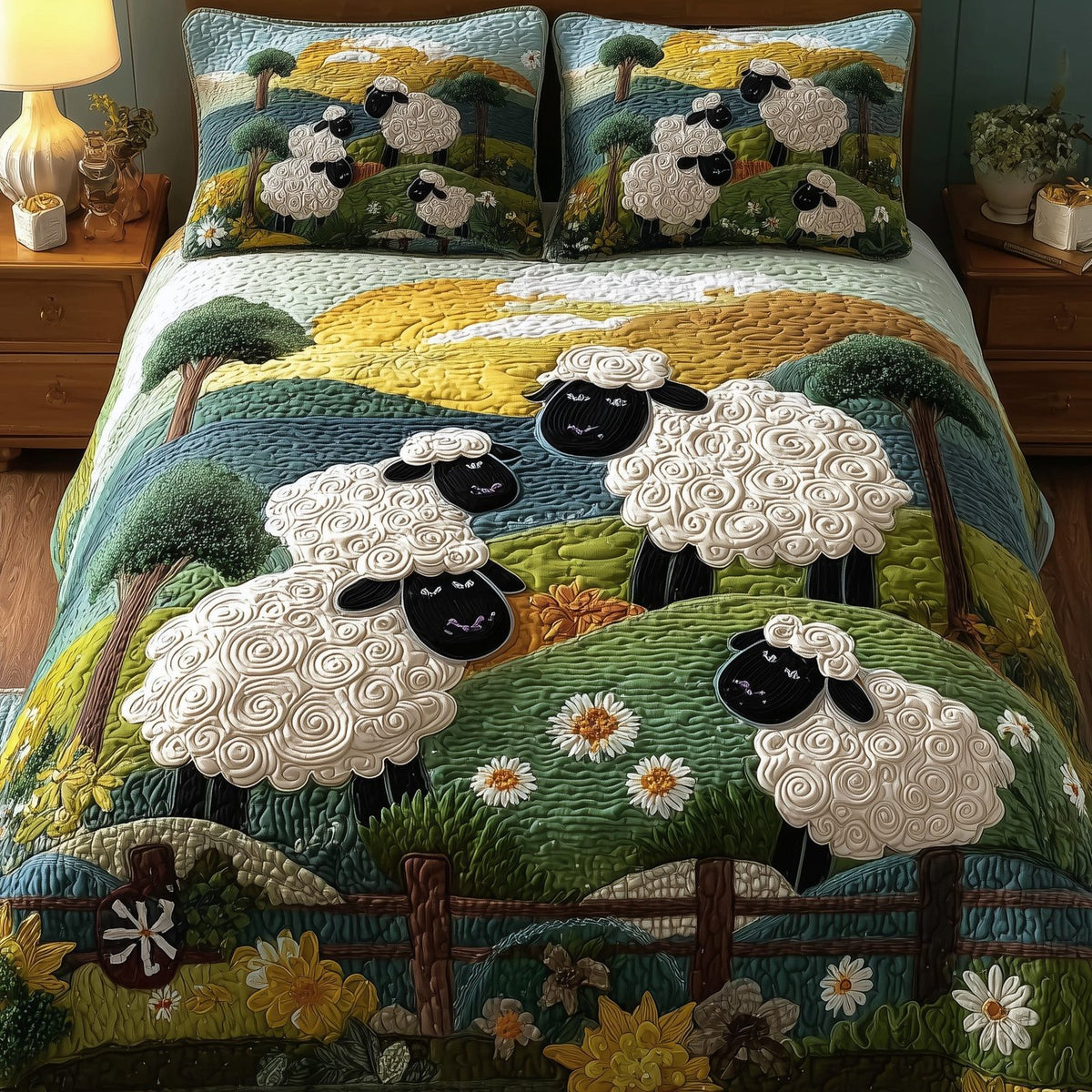 Sheep Mountain quilted 3-piece bedding set on a made bed with two matching pillow shams