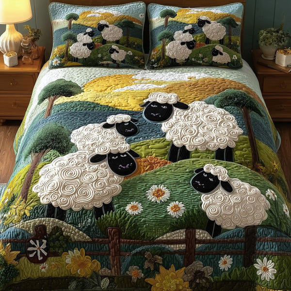 Sheep Mountain quilted 3-piece bedding set on a made bed with two matching pillow shams