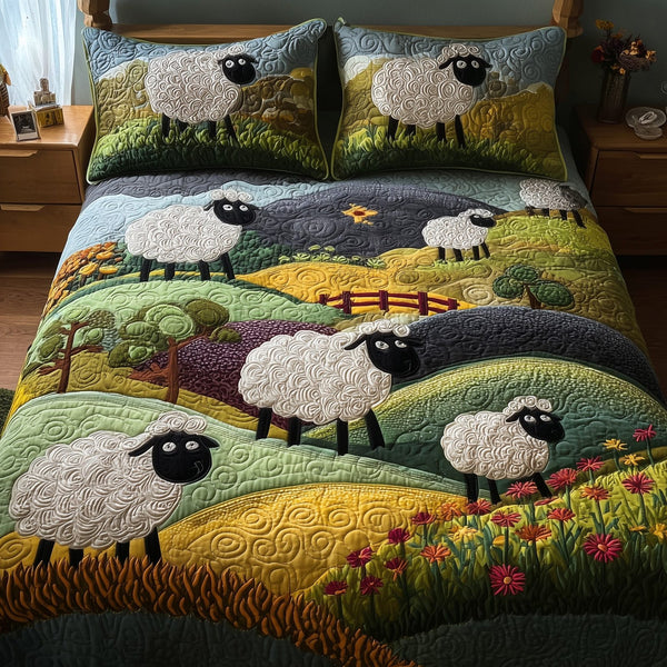Sheep Mountain quilted 3-piece bedding set on a made bed with two matching pillow shams
