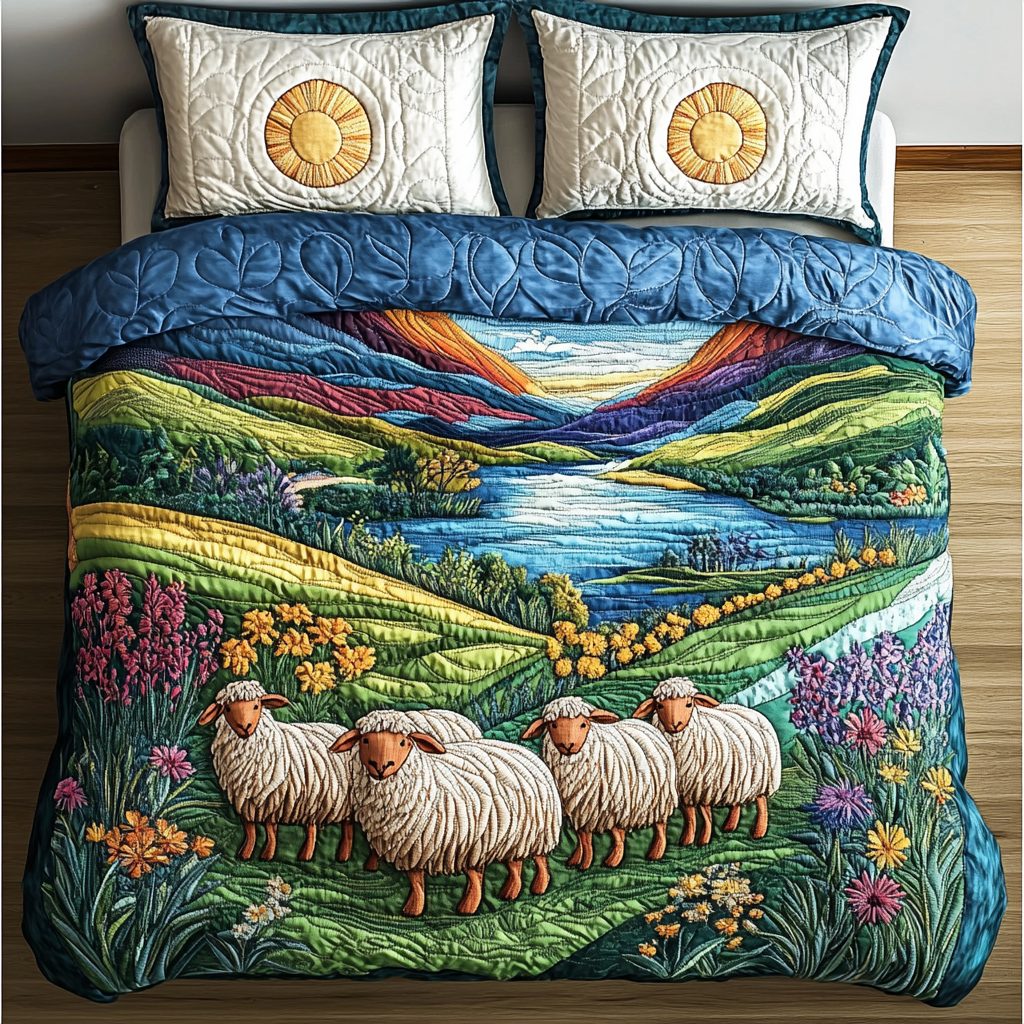 Sheep Serenity quilted 3-piece bedding set on a made bed with two matching pillow shams