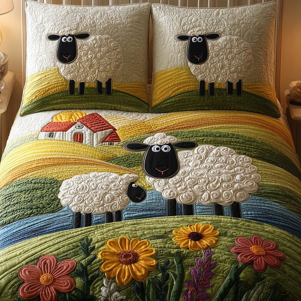 Sheep Village quilted 3-piece bedding set on a made bed with two matching pillow shams