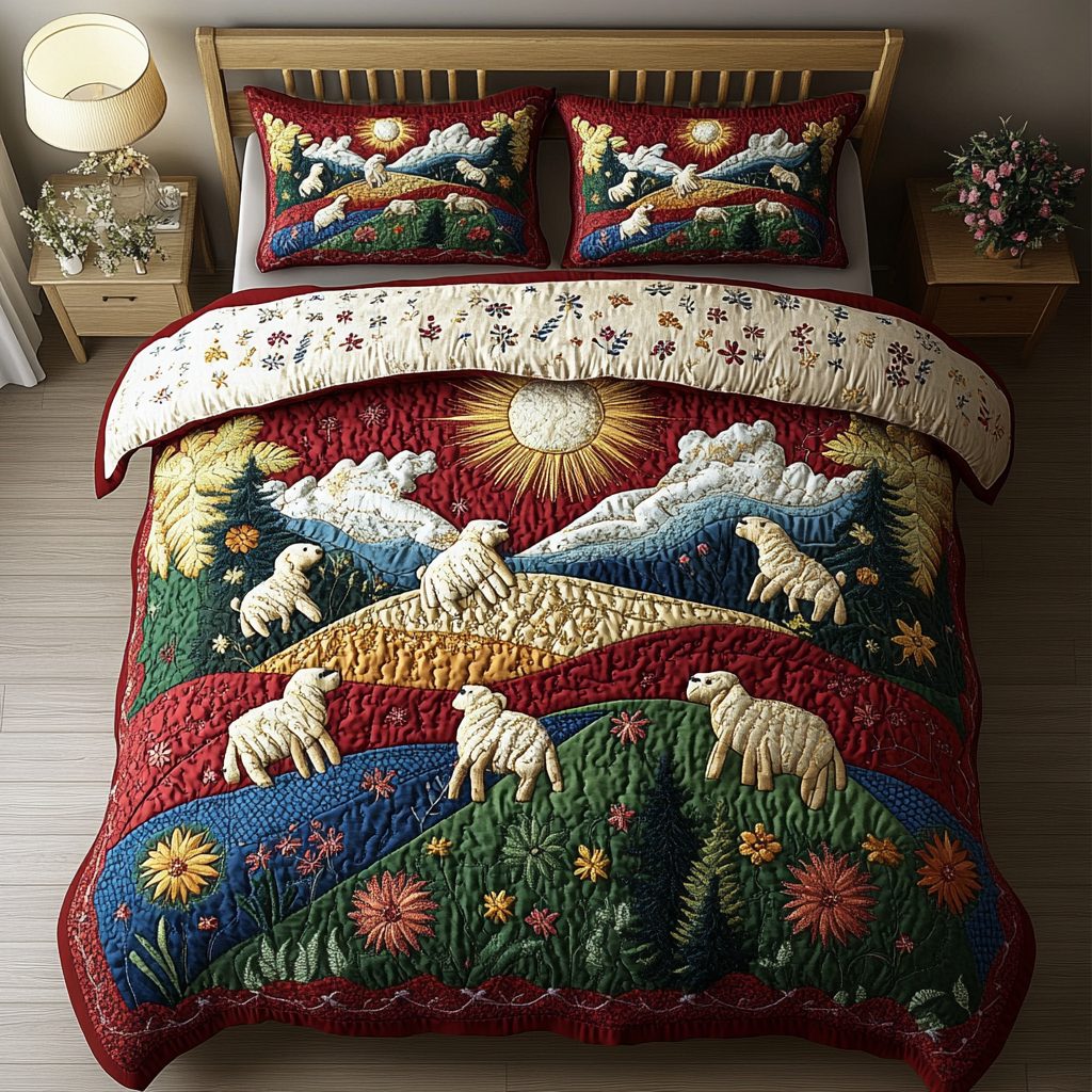 Sheep Whisper quilted 3-piece bedding set on a made bed with two matching pillow shams