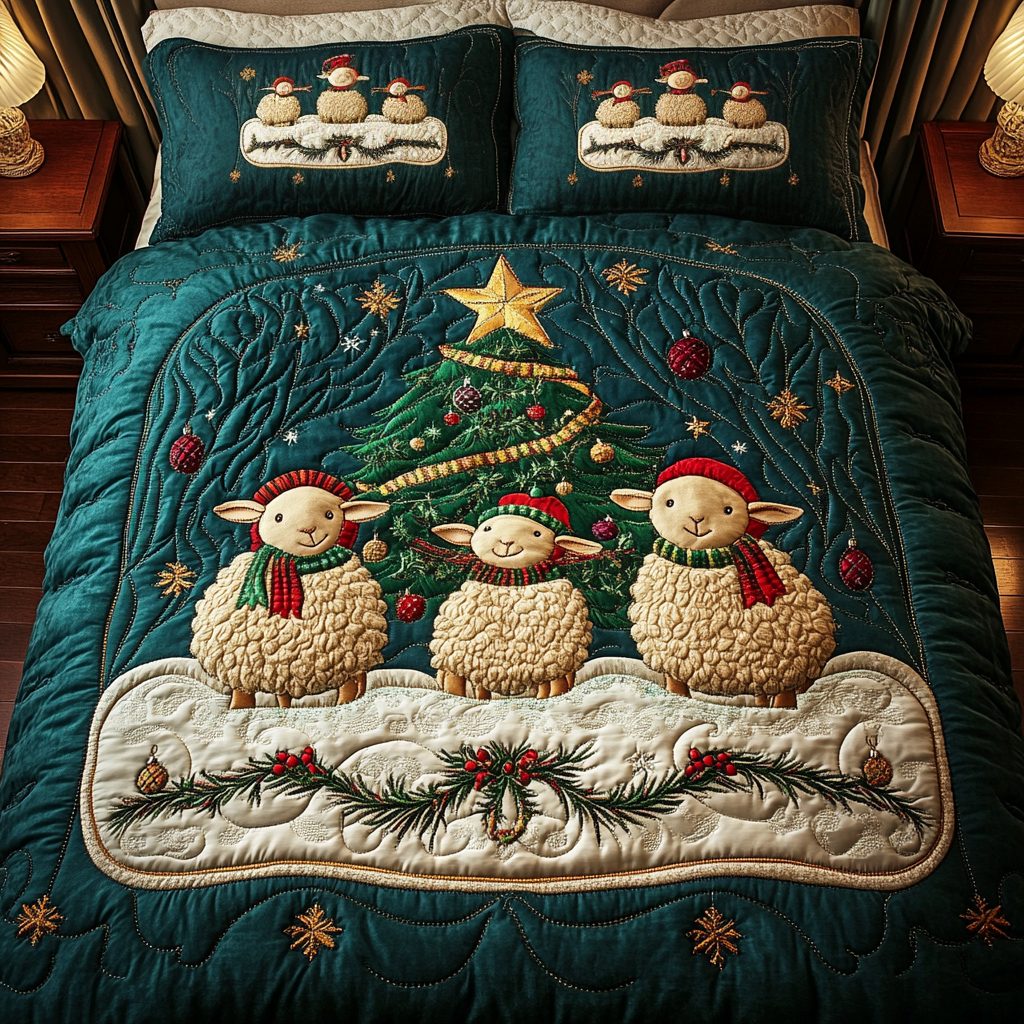 Sheepishly Festive quilted 3-piece bedding set on a made bed in a winter-styled bedroom