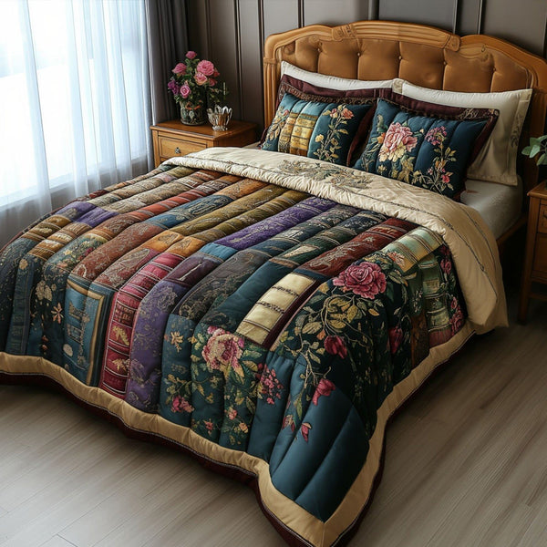 Shelf of Stories quilted 3-piece bedding set on a made bed with two matching pillow shams