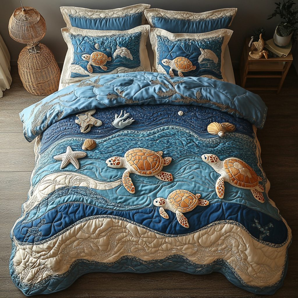 Shell Escape quilted 3-piece bedding set on a made bed in a light coastal bedroom