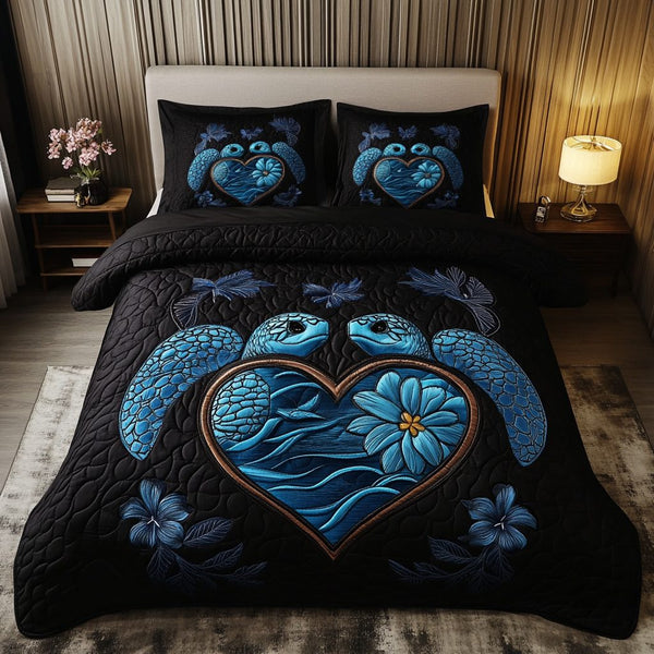 Shell Serenity quilted 3-piece bedding set on a made bed in a light coastal bedroom