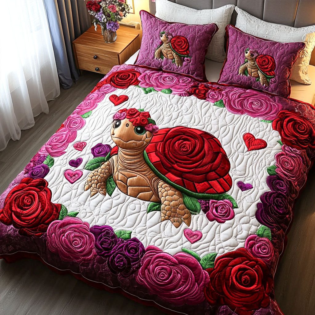 Sheltered Heart quilted 3-piece bedding set on a made bed with two matching pillow shams