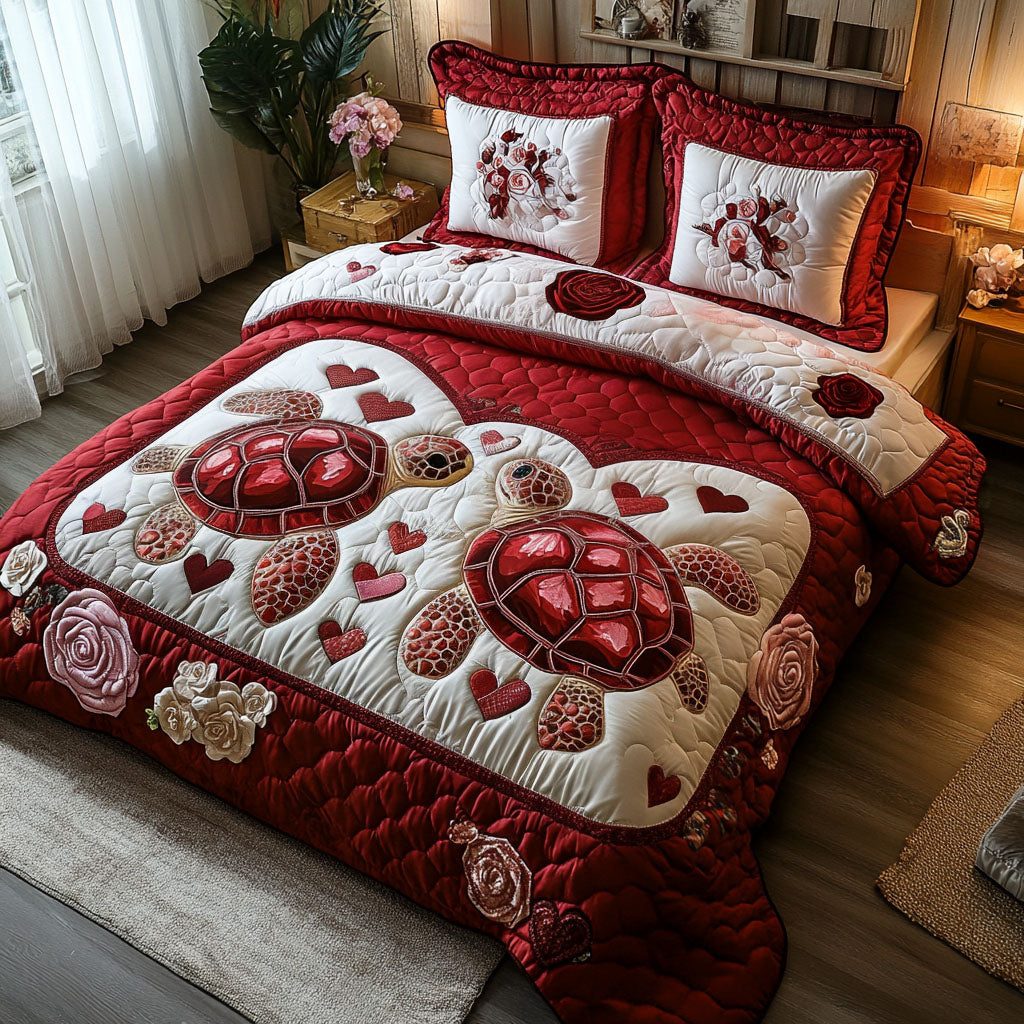 Sheltered Hearts quilted 3-piece bedding set on a made bed with two matching pillow shams