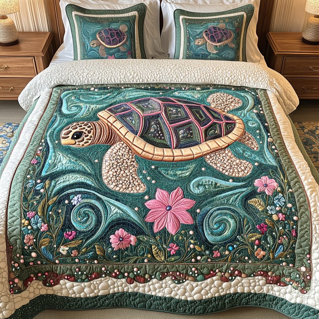 Sheltered Shores quilted 3-piece bedding set on a made bed in a light coastal bedroom