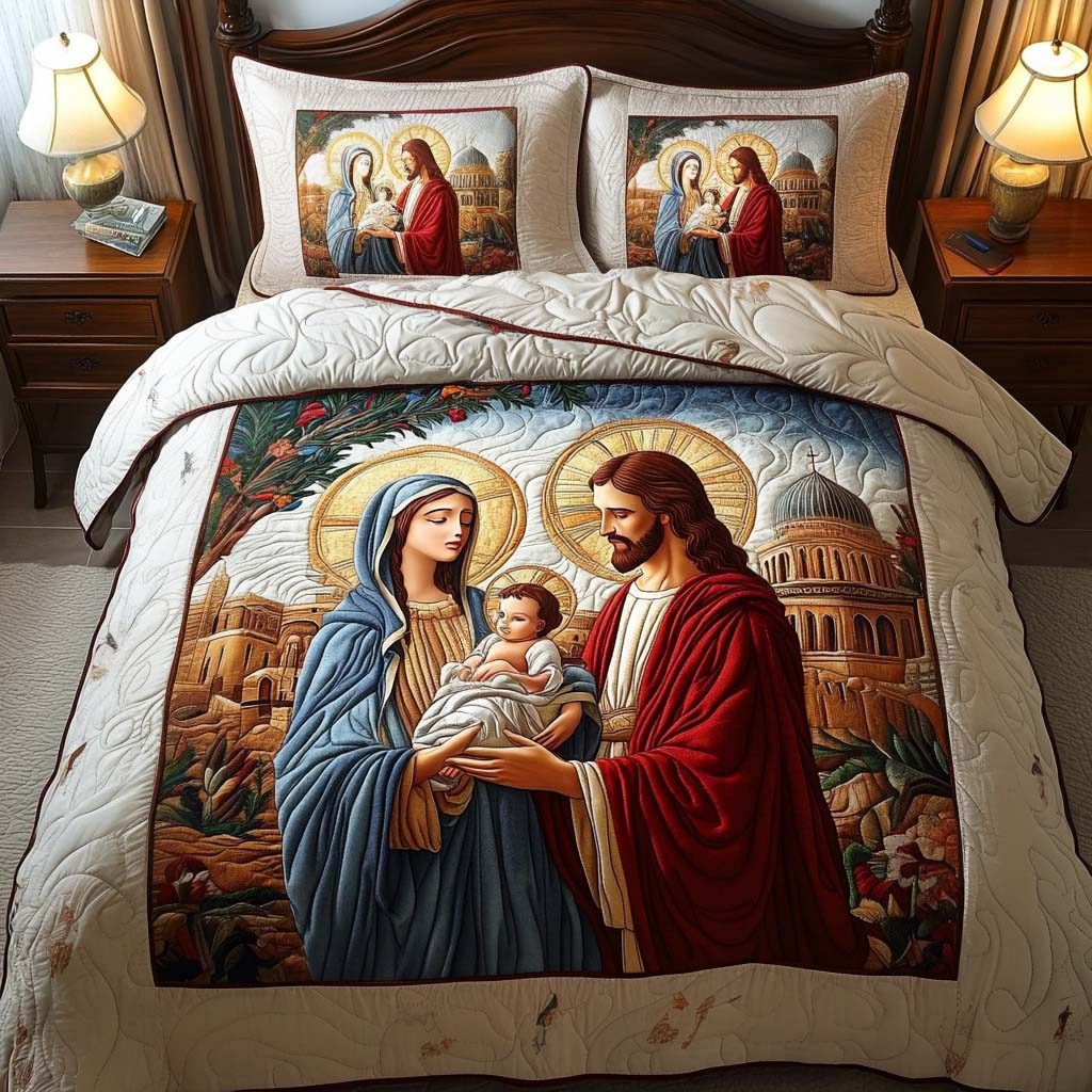 Shepherd Watch quilted 3-piece bedding set on a made bed with two matching pillow shams