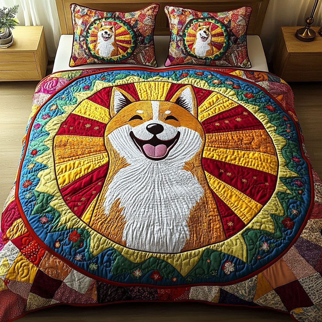 Shiba Color Burst quilted 3-piece bedding set on a made bed with two matching pillow shams