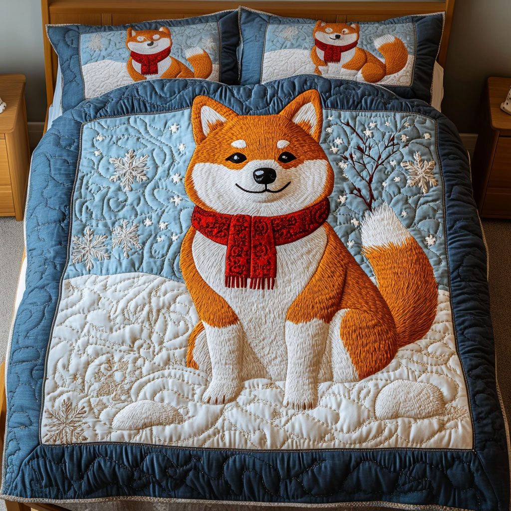 Shiba Snow Scarf quilted 3-piece bedding set on a made bed with two matching pillow shams