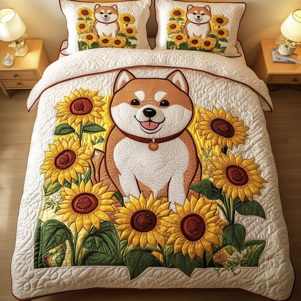Shiba Sunflower Fields quilted 3-piece bedding set on a made bed with two matching pillow shams