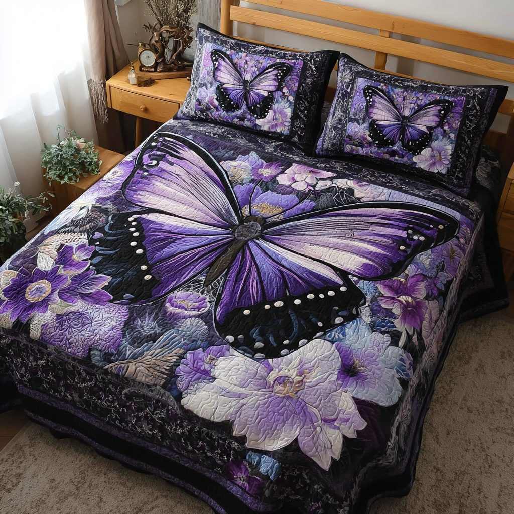 Shimmer Butterfly quilted 3-piece bedding set on a made bed with two matching pillow shams