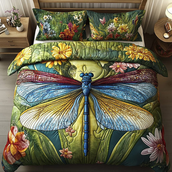 Shimmer Wings quilted 3-piece bedding set on a made bed with two matching pillow shams
