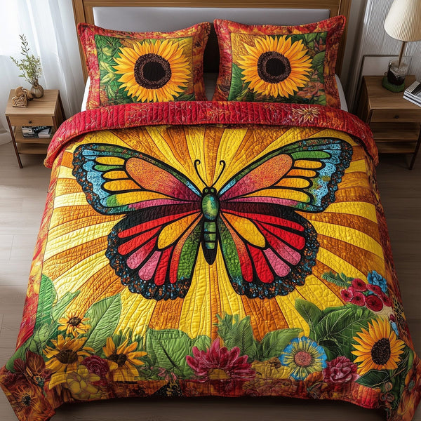 Shining Butterfly quilted 3-piece bedding set on a made bed with two matching pillow shams