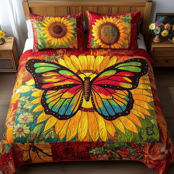 Shining Butterfly quilted 3-piece bedding set on a made bed with two matching pillow shams