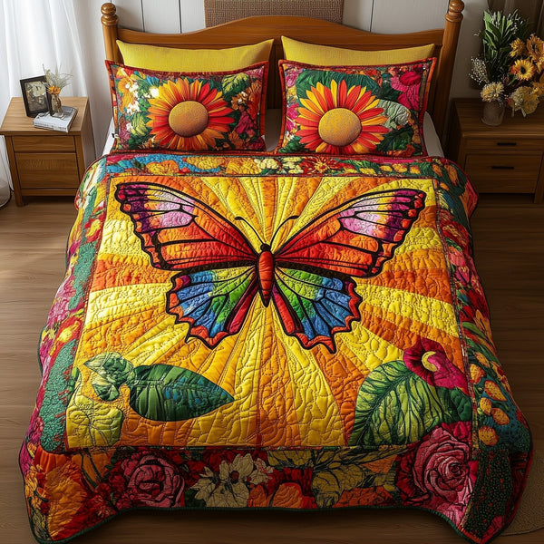 Shining Butterfly quilted 3-piece bedding set on a made bed with two matching pillow shams
