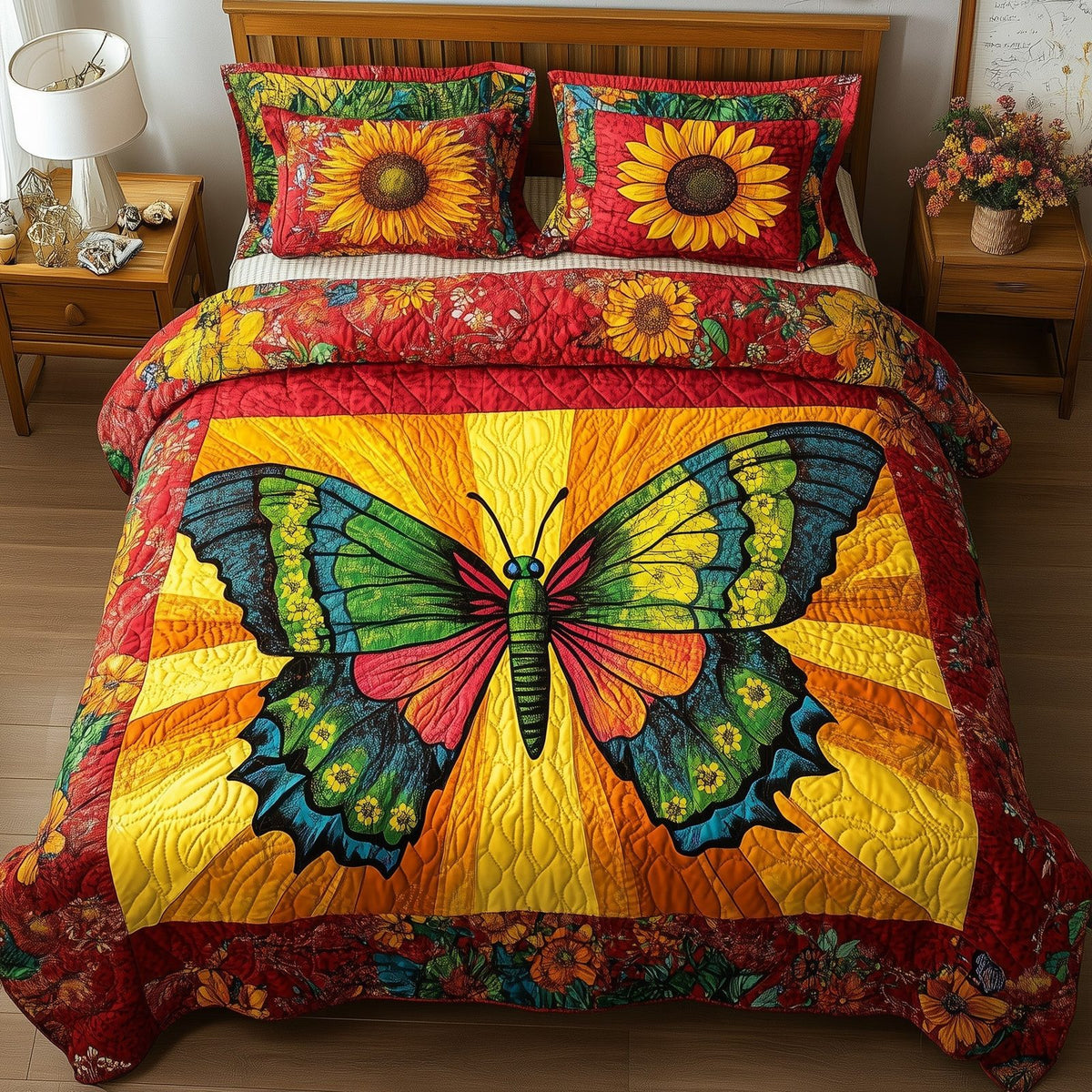 Shining Butterfly quilted 3-piece bedding set on a made bed with two matching pillow shams