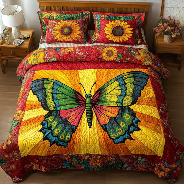 Shining Butterfly quilted 3-piece bedding set on a made bed with two matching pillow shams