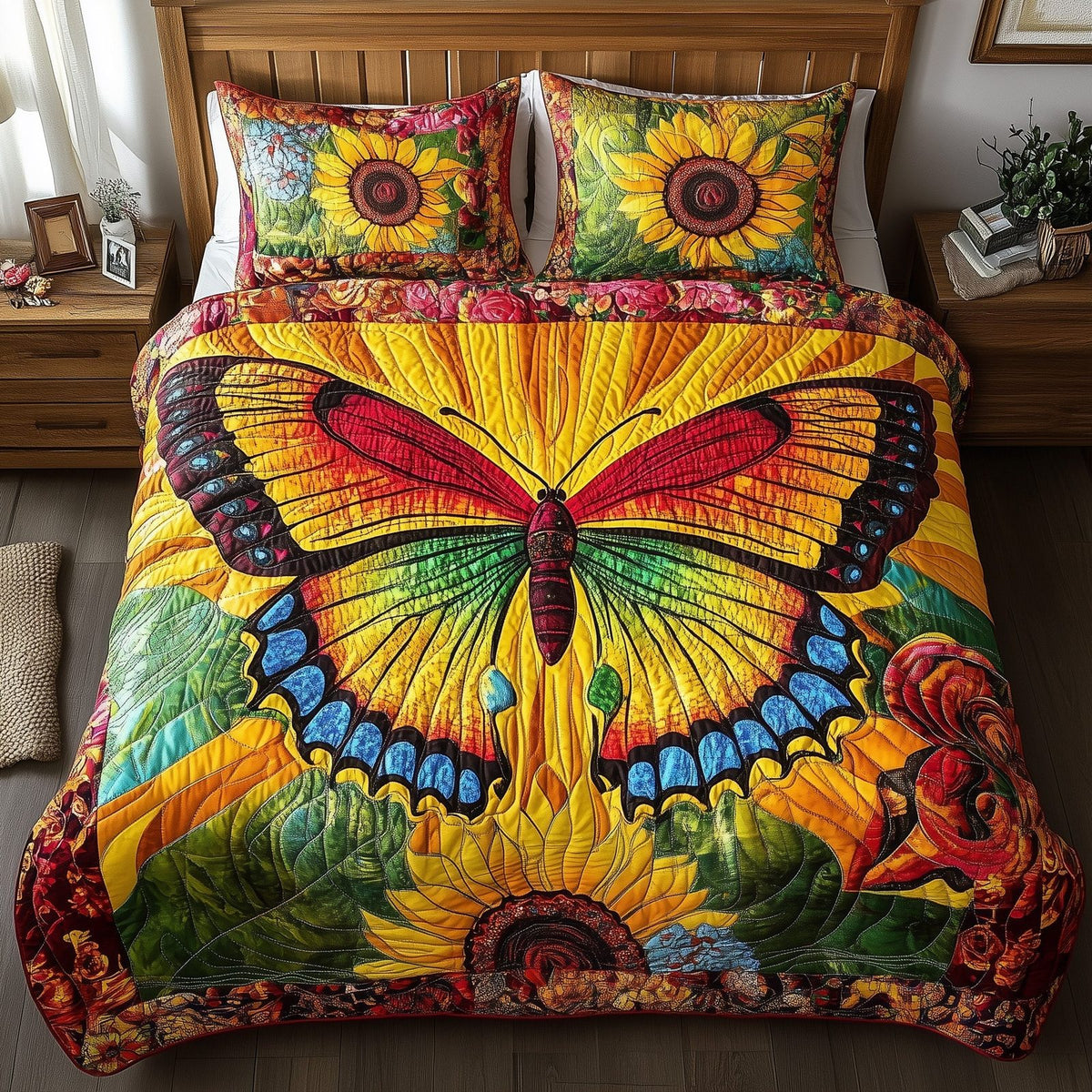 Shining Butterfly quilted 3-piece bedding set on a made bed with two matching pillow shams