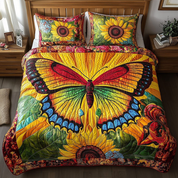Shining Butterfly quilted 3-piece bedding set on a made bed with two matching pillow shams