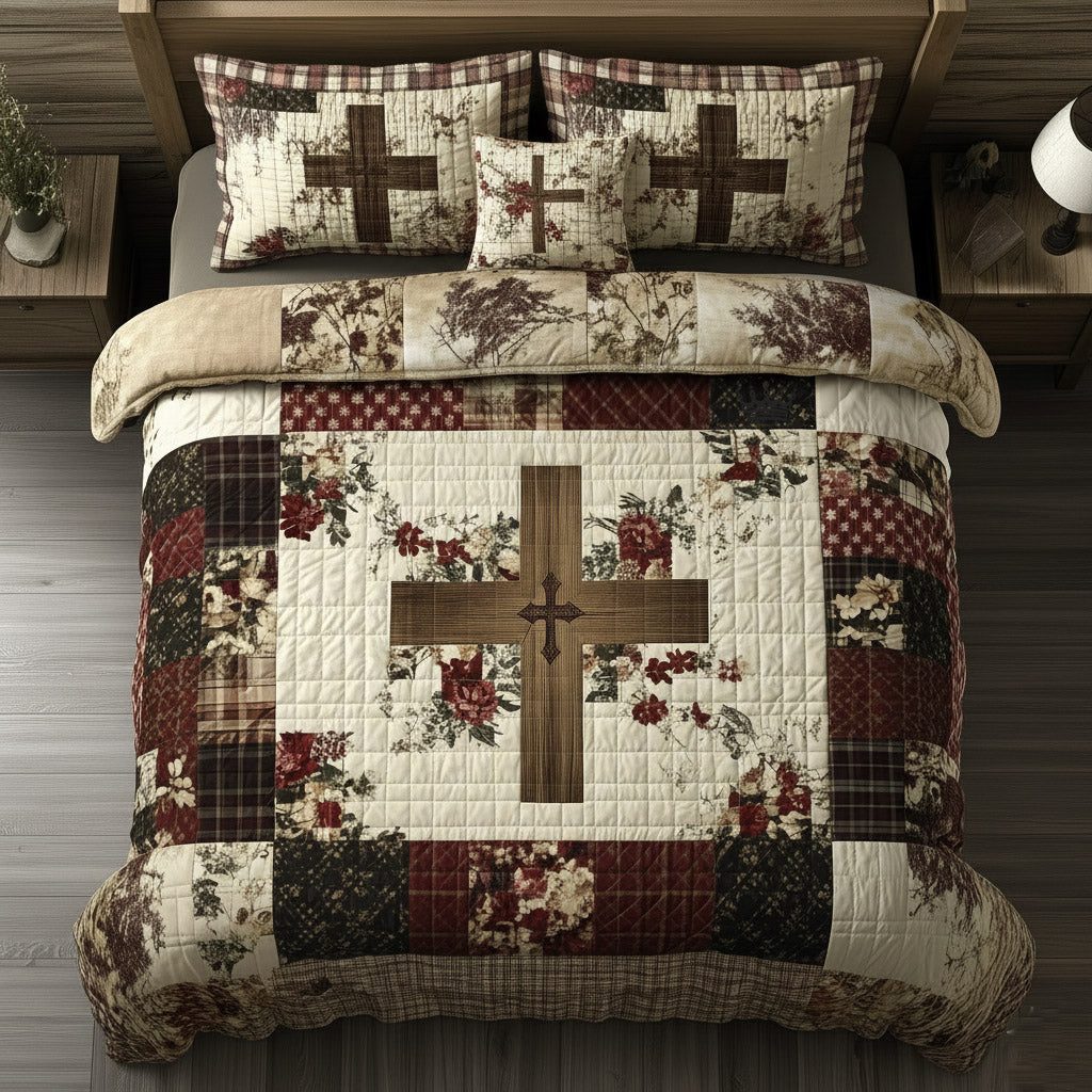 Shining Cross quilted 3-piece bedding set on a made bed in a softly lit bedroom