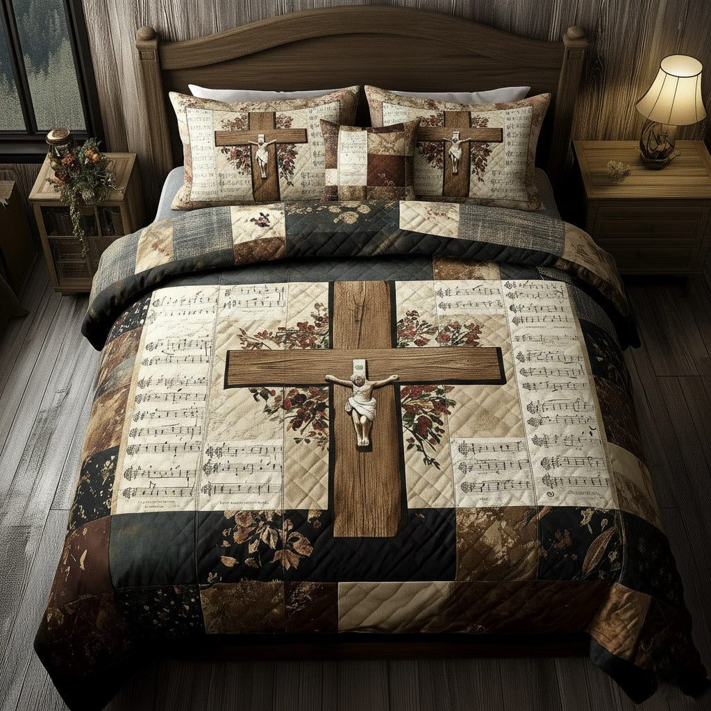 Shining Cross quilted 3-piece bedding set on a made bed in a softly lit bedroom