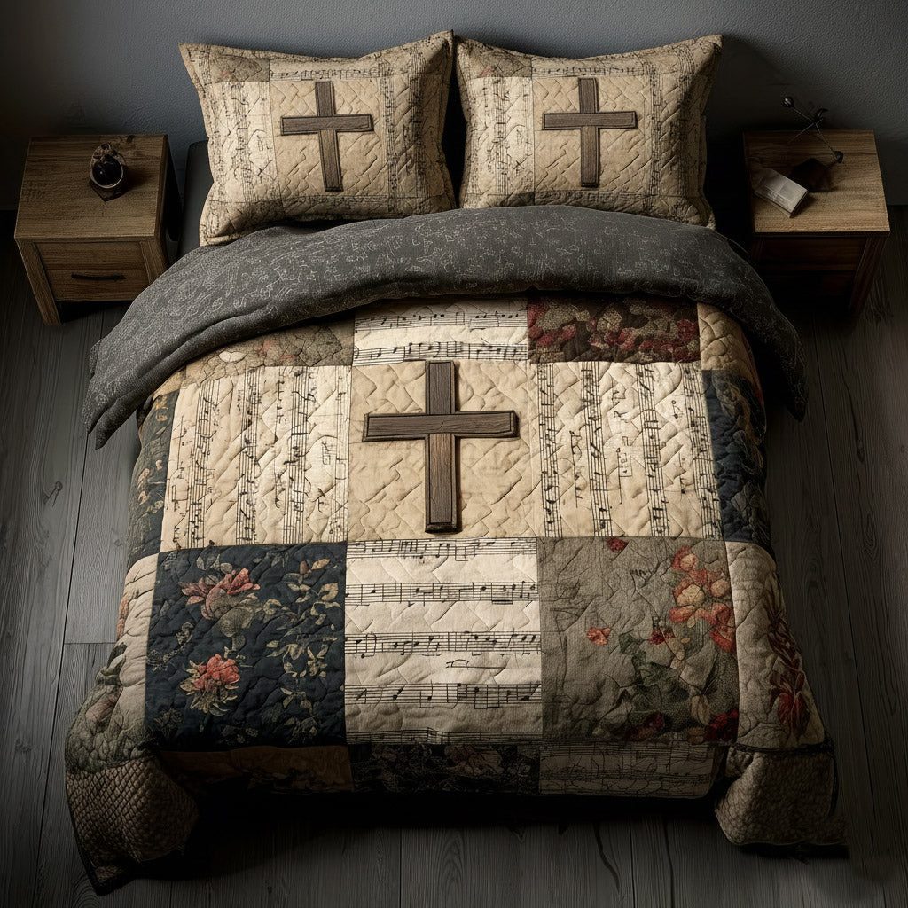 Shining Cross quilted 3-piece bedding set on a made bed in a softly lit bedroom