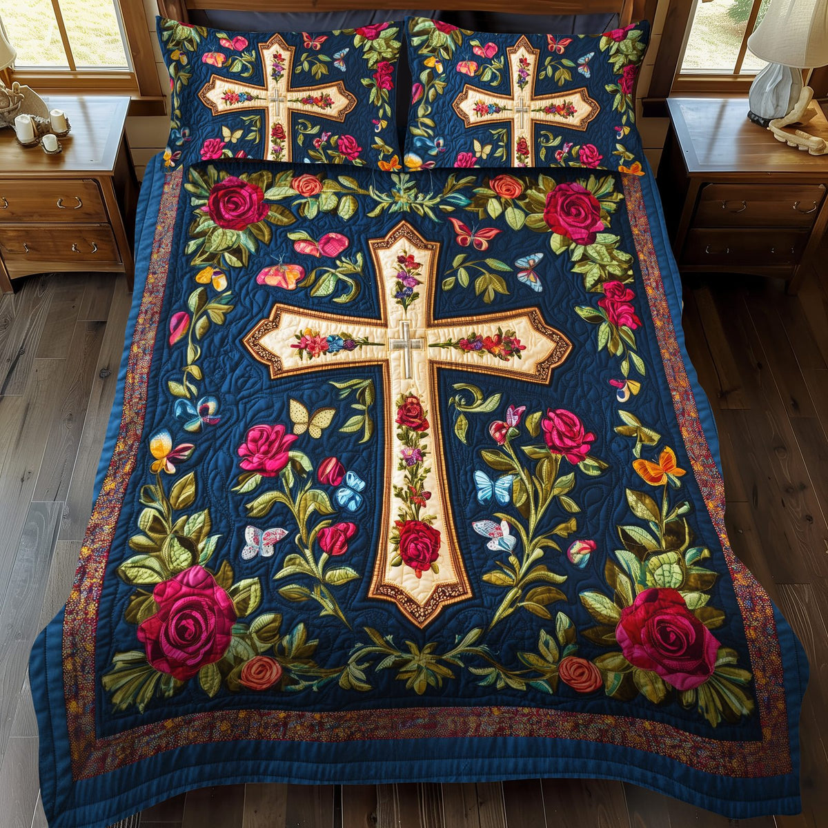 Shining Cross quilted 3-piece bedding set on a made bed in a softly lit bedroom