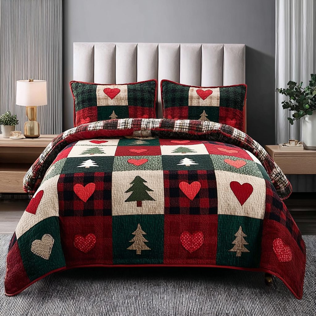 Shining Pine quilted 3-piece bedding set on a made bed with two matching pillow shams