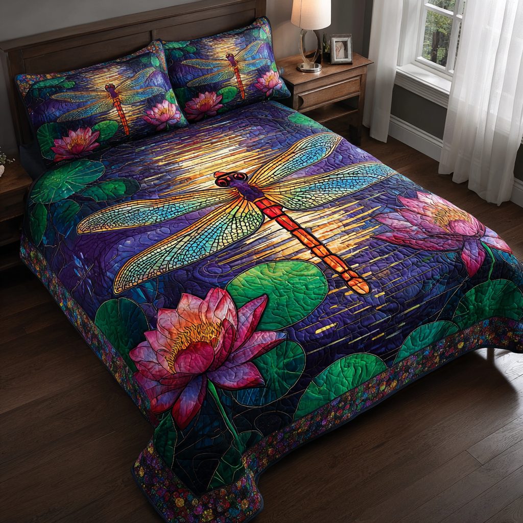 Shiny Dragonfly quilted 3-piece bedding set on a made bed with two matching pillow shams