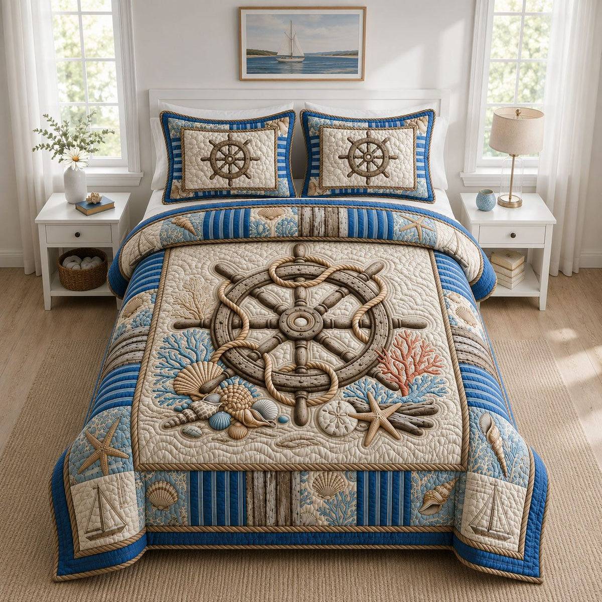 Ship Wheel Coastal quilted 3-piece bedding set on a made bed in a light coastal bedroom