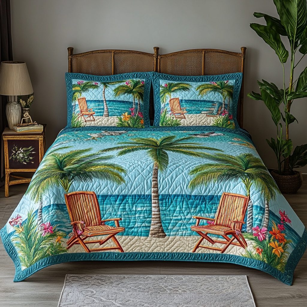 Shore Break quilted 3-piece bedding set on a made bed in a light coastal bedroom