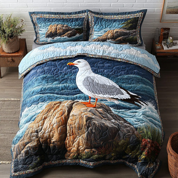 Shore Soar quilted 3-piece bedding set on a made bed in a light coastal bedroom