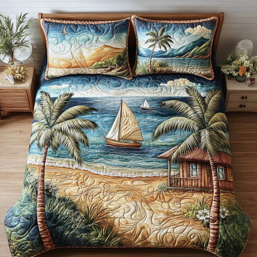 Shoreline Escape quilted 3-piece bedding set on a made bed in a light coastal bedroom