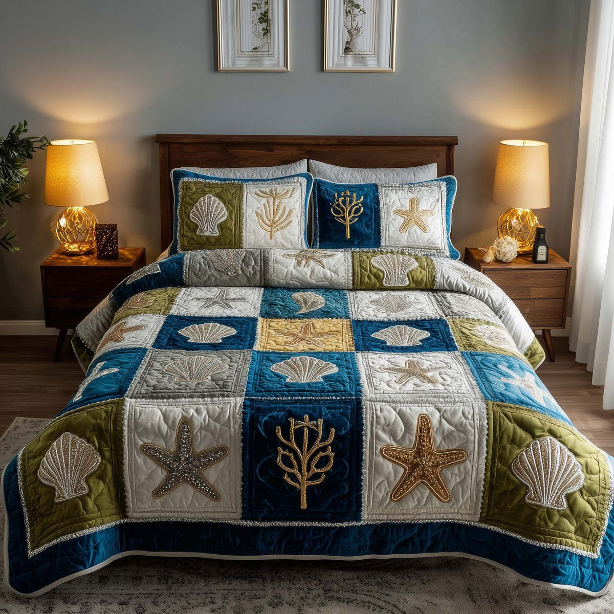Shoreline Gems quilted 3-piece bedding set on a made bed in a light coastal bedroom