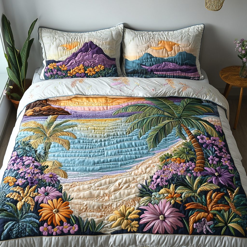 Shoreline Glow quilted 3-piece bedding set on a made bed in a light coastal bedroom