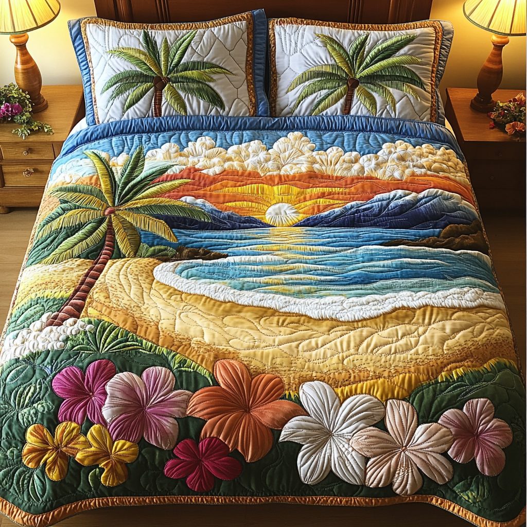 Shoreline Haze quilted 3-piece bedding set on a made bed in a light coastal bedroom