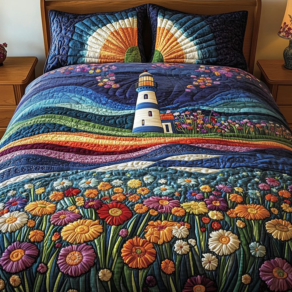 Shoreside Lantern quilted 3-piece bedding set on a made bed in a light coastal bedroom