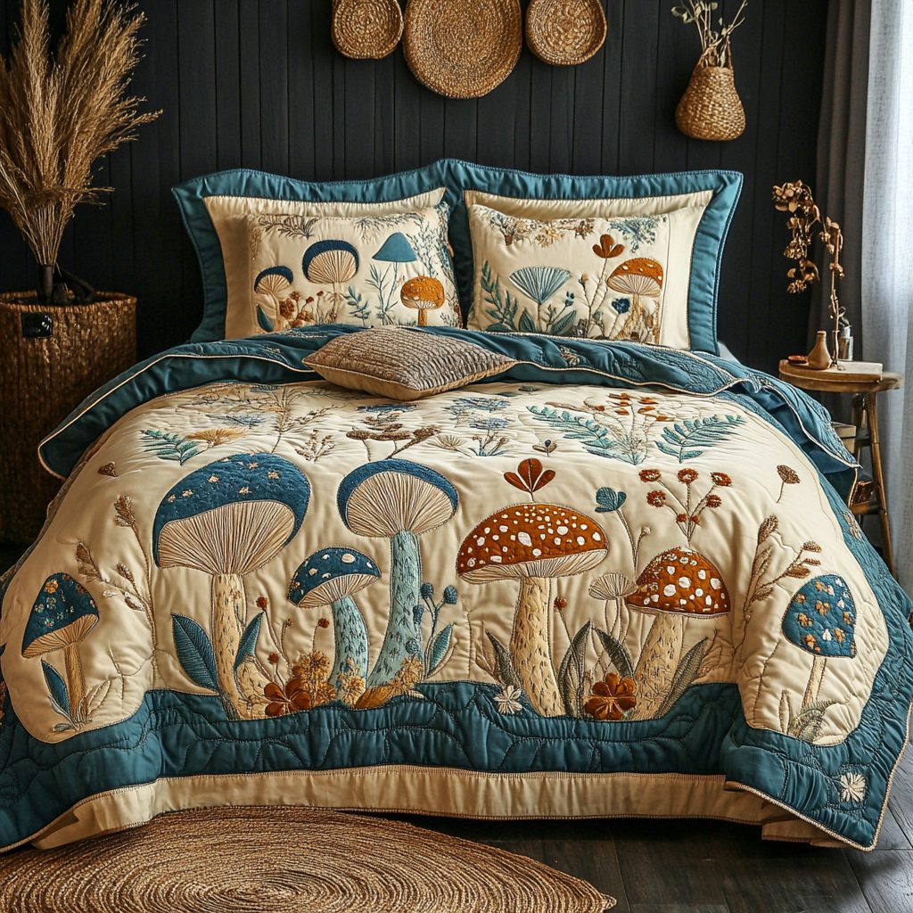 Shroom Garden quilted 3-piece bedding set on a made bed with two matching pillow shams