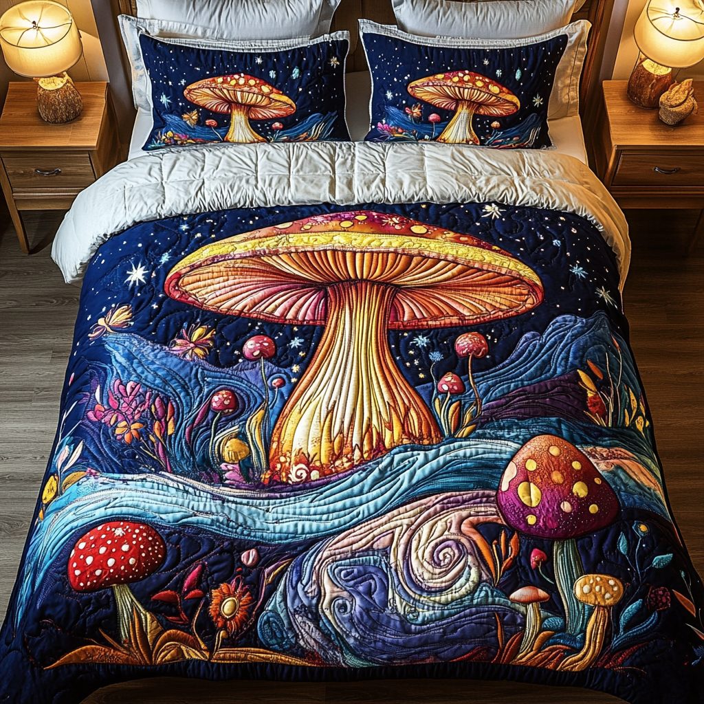 Shroom Glow quilted 3-piece bedding set on a made bed with two matching pillow shams