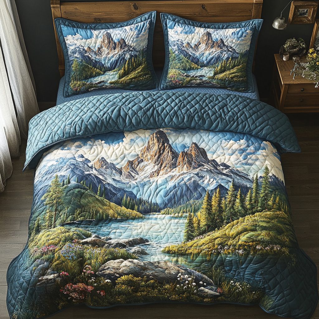 Shrouded Realm quilted 3-piece bedding set on a made bed with two matching pillow shams