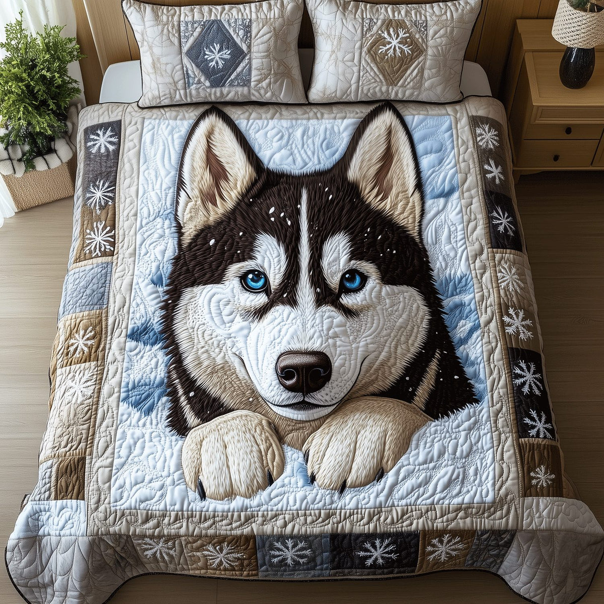 Siberian Snowflakes quilted 3-piece bedding set on a made bed in a winter-styled bedroom