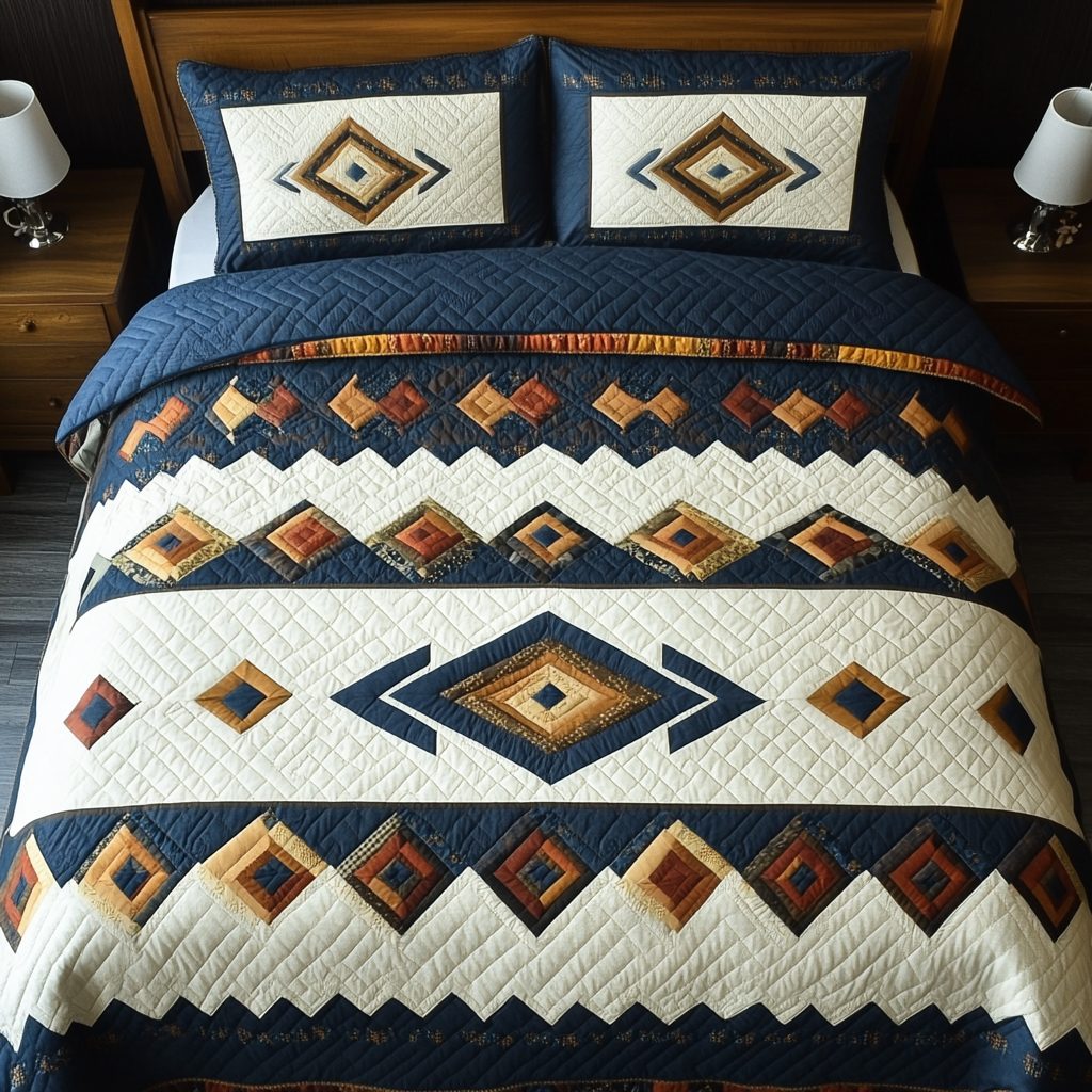 Sierra Lines quilted 3-piece bedding set on a made bed with two matching pillow shams