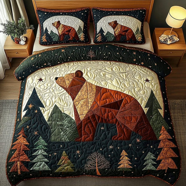 Silent Bear quilted 3-piece bedding set on a made bed with two matching pillow shams