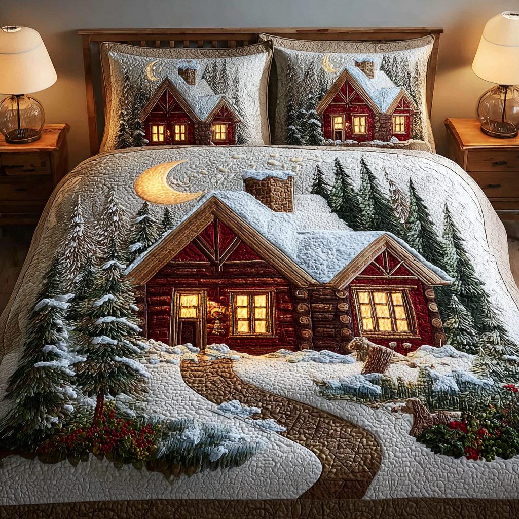 Silent Cabin quilted 3-piece bedding set on a made bed with two matching pillow shams