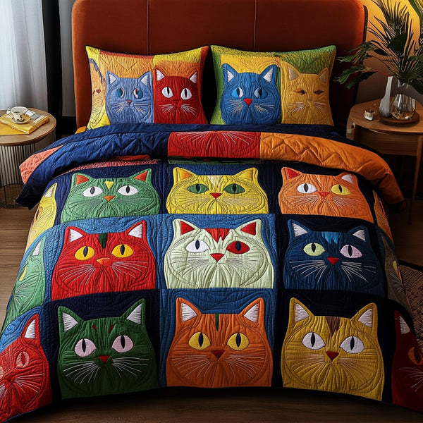 Silent Cat quilted 3-piece bedding set on a made bed with two matching pillow shams