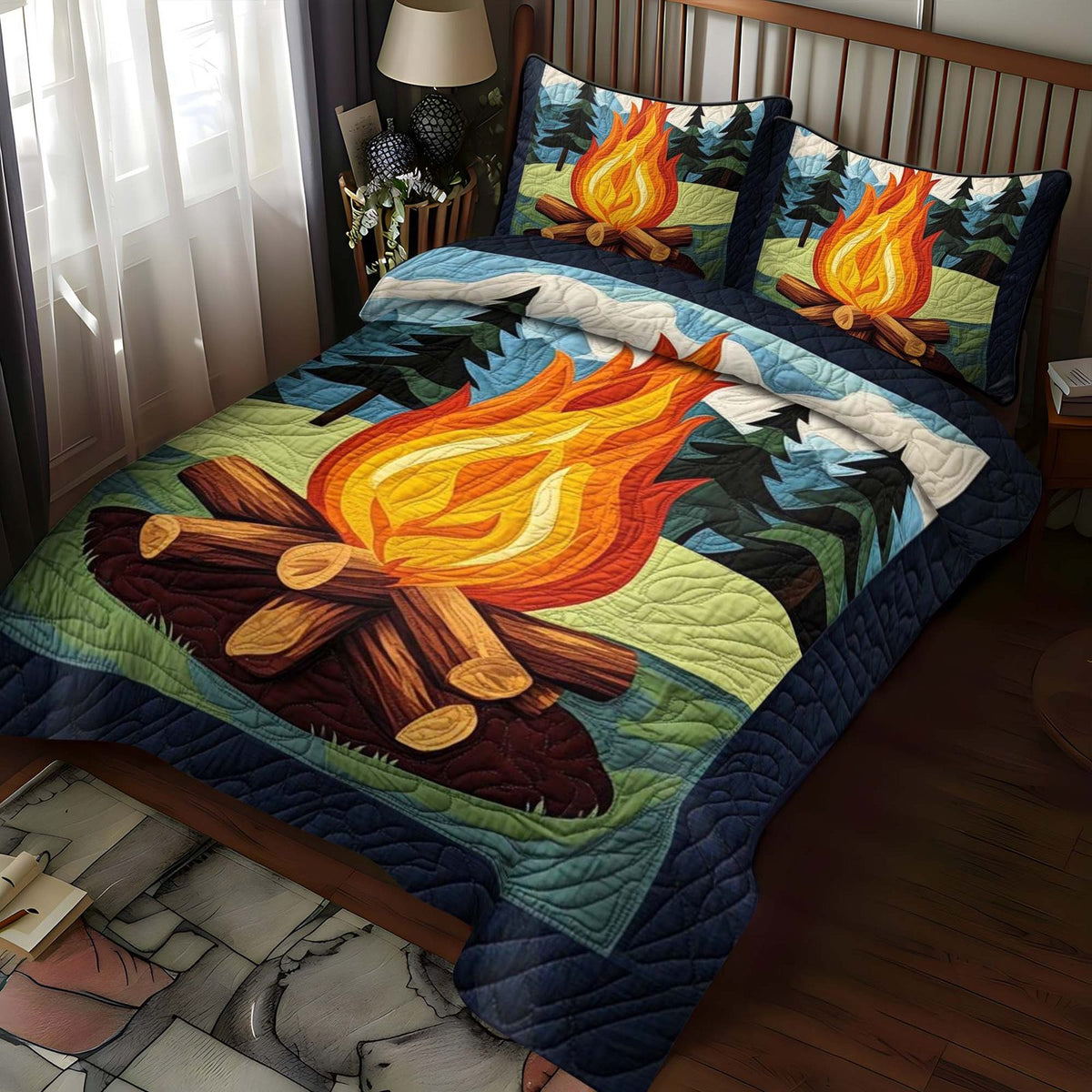 Silent Creek quilted 3-piece bedding set on a made bed with two matching pillow shams