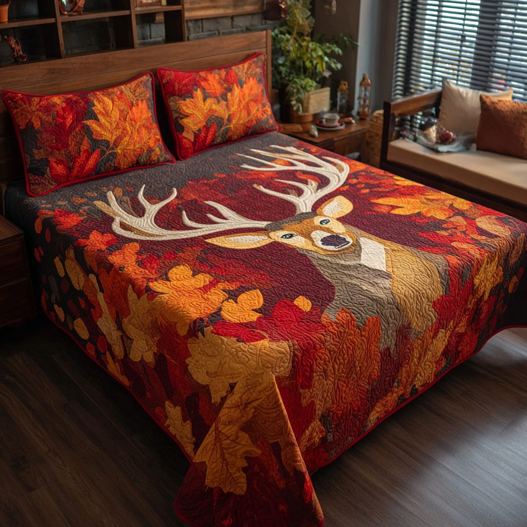 Silent Deer quilted 3-piece bedding set on a made bed with two matching pillow shams